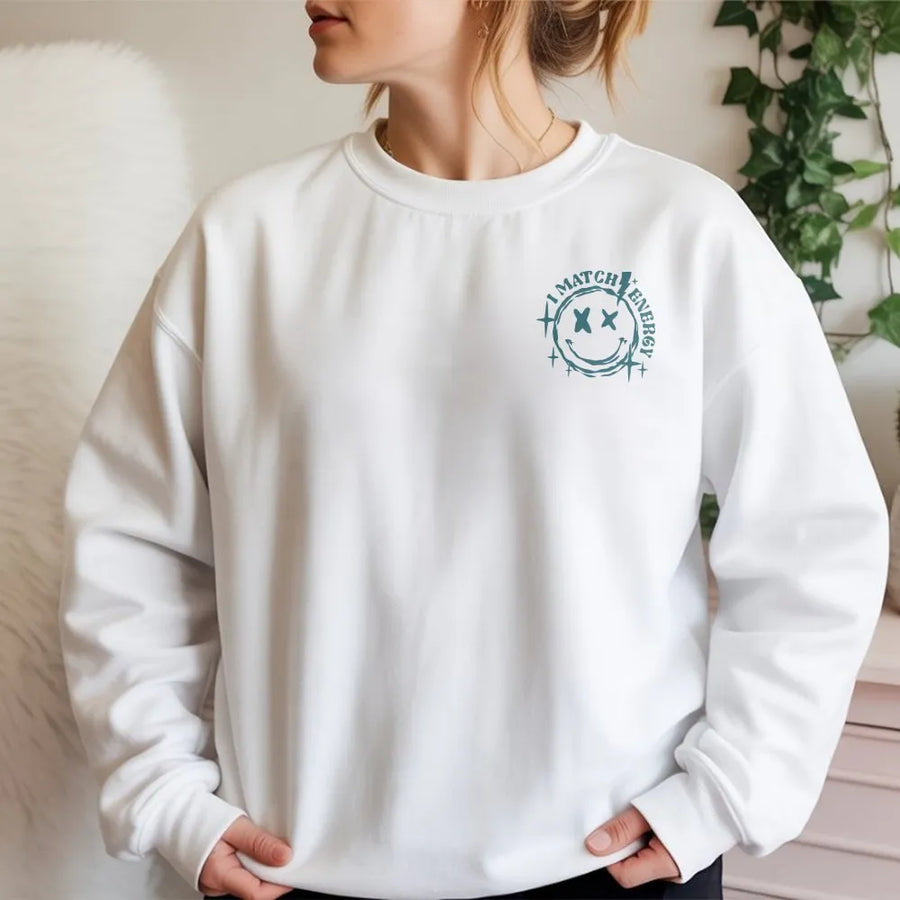 Match Energy Sweatshirt | Distressed Smiley Face Graphic Pullover | Soft Cotton Blend | Trendy Streetwear Gift for Men and Women
