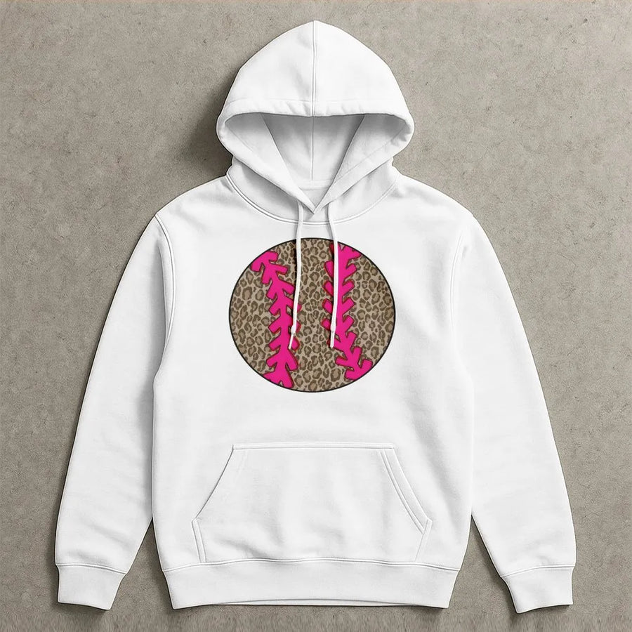 Leopard Print Baseball Hoodie | Cute Cheetah Ball Graphic with Pink Stitching | Premium Soft Cotton Blend | Game Day Gift for Mom