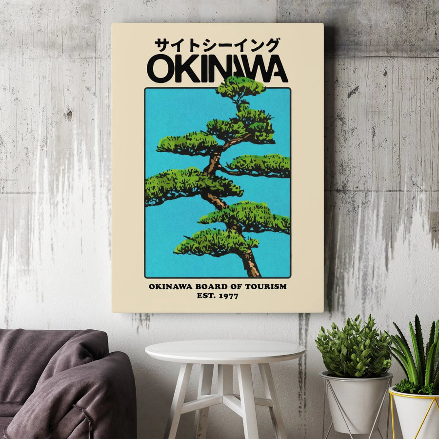 Okinawa Japan Travel Poster Canvas | Retro Pine Tree Japanese Art Print | Premium 1.25 Gallery Wrap | Gift For Travel Enthusiasts & Decor Lovers