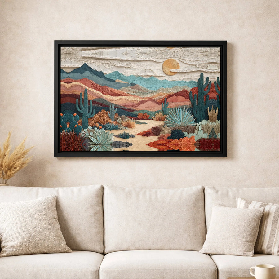 Southwestern Desert Canvas Wall Art | Textured Mountain Landscape with Cacti | Premium Gallery-Wrapped Print | Modern Home Decor Gift