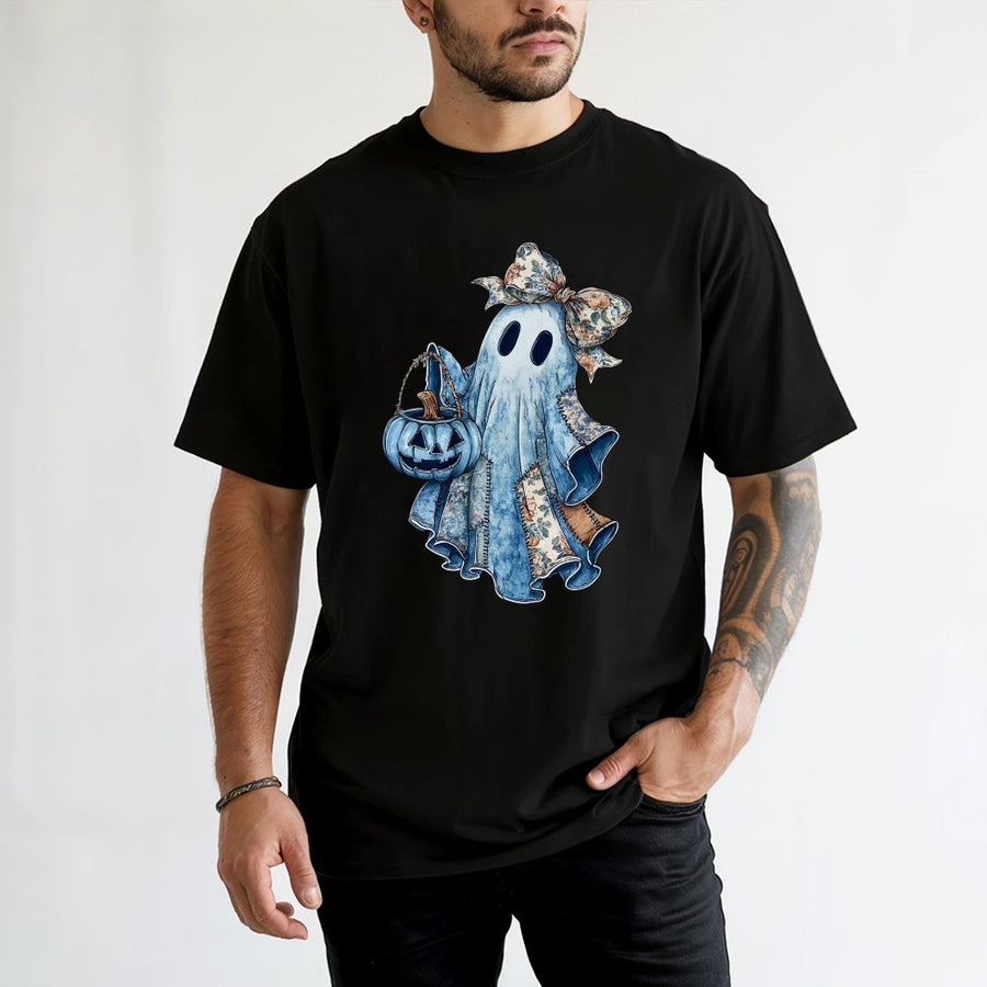 Cute Ghost T-Shirt | Retro Denim Patchwork Pumpkin Design | 100% Cotton Premium Tee | Spooky Halloween Gift for Women
