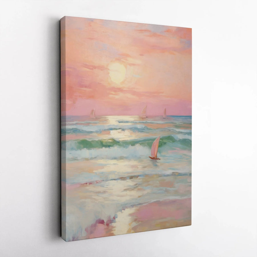 Sailboat Canvas Wall Art | Impressionist Sunset Ocean Painting | Gallery Wrapped Premium Print | Coastal Decor for Living Room Gift