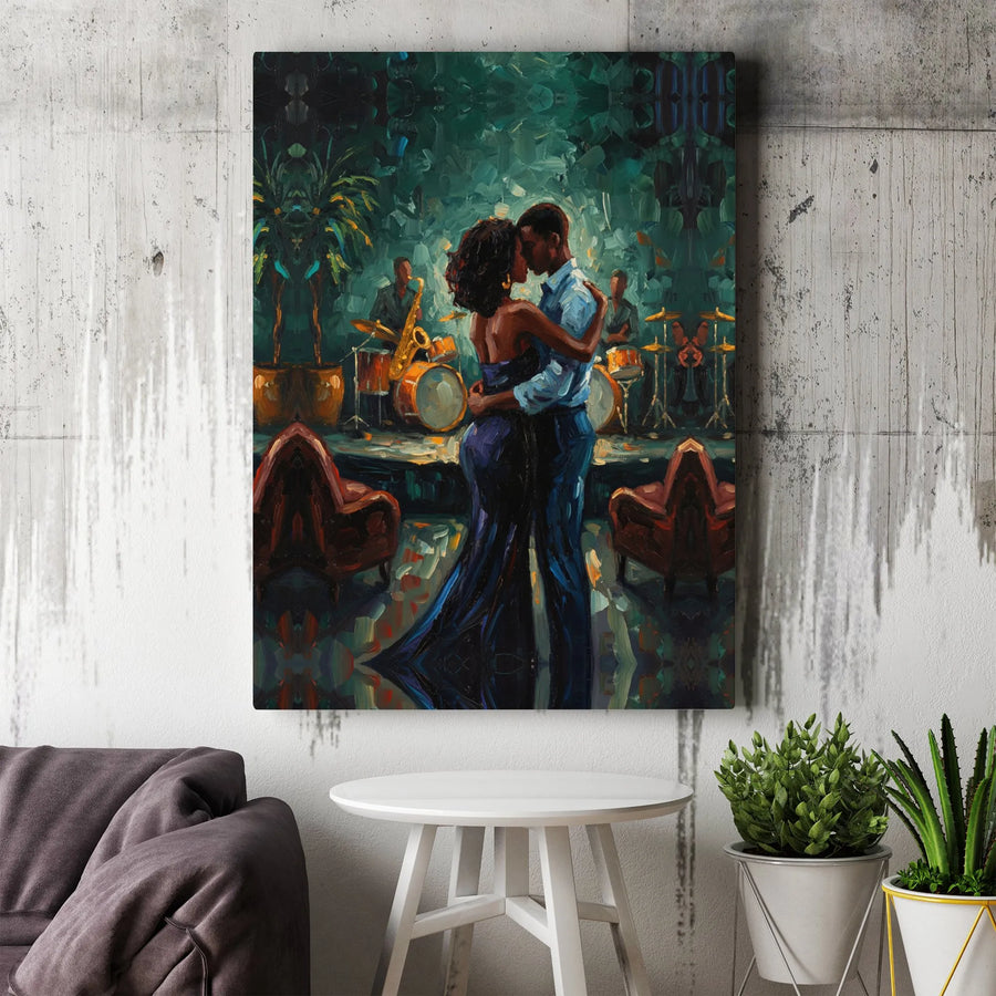 Black Couple Dancing Wall Art | Jazz Club Impressionist Painting | Premium Gallery Wrapped Canvas | Romantic Anniversary Gift for Couples