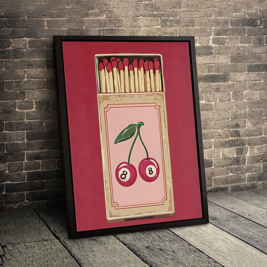Vintage Matchbox Cherry Art Print | 8-Ball Aesthetic Wall Decor | Premium 1.25-Inch Gallery Canvas | Trendy Retro Kitchen or Living Room Gift