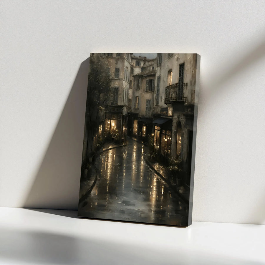 Rainy European Street Canvas Art | Atmospheric Night Scene Painting | 1.25" Thick Gallery Wrap | Premium Living Room & Office Decor Gift