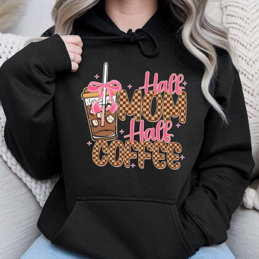 Half Mom Half Coffee Hoodie | Retro Checkered Graphic with Coquette Bow | Premium Soft Cotton Blend | Funny Coffee Lover Gift for Mom