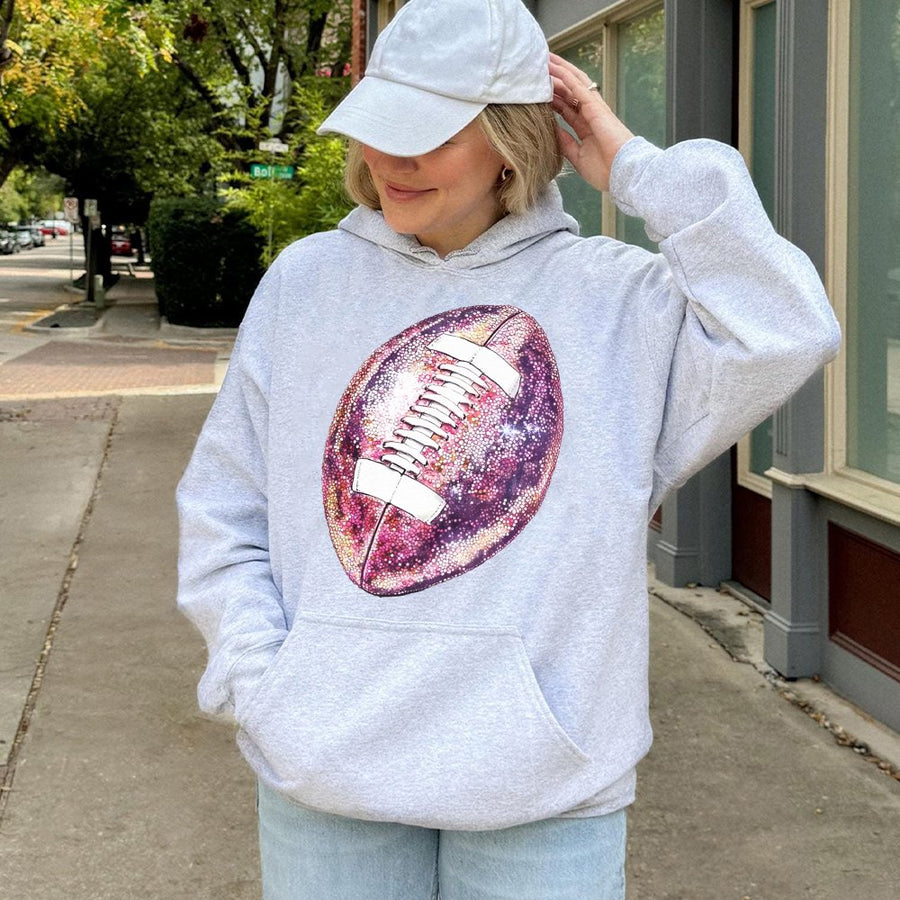 Galaxy Football Hoodie | Pink Glitter Sparkle Sports Graphic | Premium Cotton Blend | Game Day Gift for Football Fans & Moms