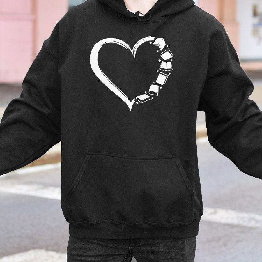 Book Lover Hoodie | Heart Shape Stacked Books Design | Premium Cotton-Poly Blend | Cozy Librarian Reader Gift for Women and Men
