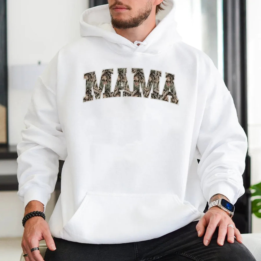 Camo Mama Shirt | Retro Varsity Camouflage Print | Soft Cotton Graphic Tee | Mother's Day Gift for Hunting Mom