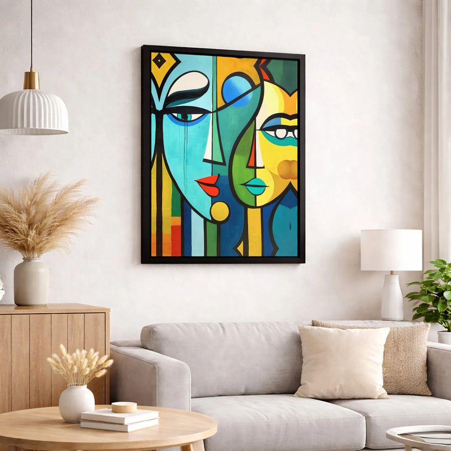Abstract Cubist Face Canvas Art | Modern Colorful Two Faces Wall Decor | Premium Fade-Resistant Print | Bold Geometric Statement Gift