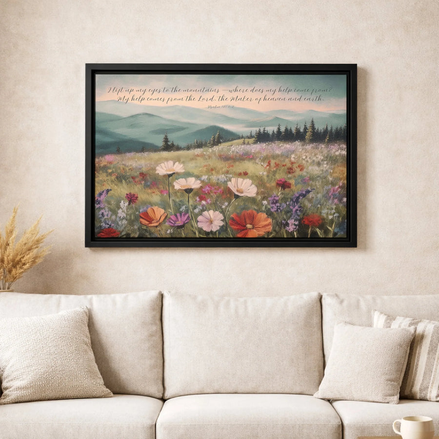 Psalm 121:1-2 Canvas Wall Art | Wildflower Mountain Landscape Print | Premium Gallery-Wrapped 1.25" Profile | Religious Home Decor Gift