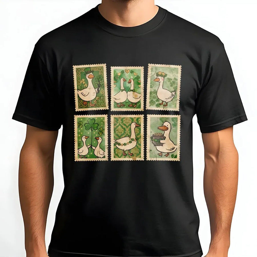 St Patricks Day Goose T-Shirt | Vintage Postage Stamp Illustration | Premium 100% Cotton Tee | Lucky Irish Gift for Animal Lovers