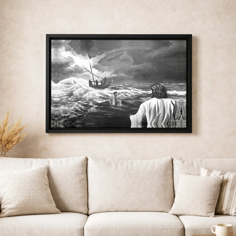 Jesus Walking On Water Canvas | Biblical Storm At Sea Wall Art | Premium Gallery Wrapped Print | Christian Religious Home Decor Gift