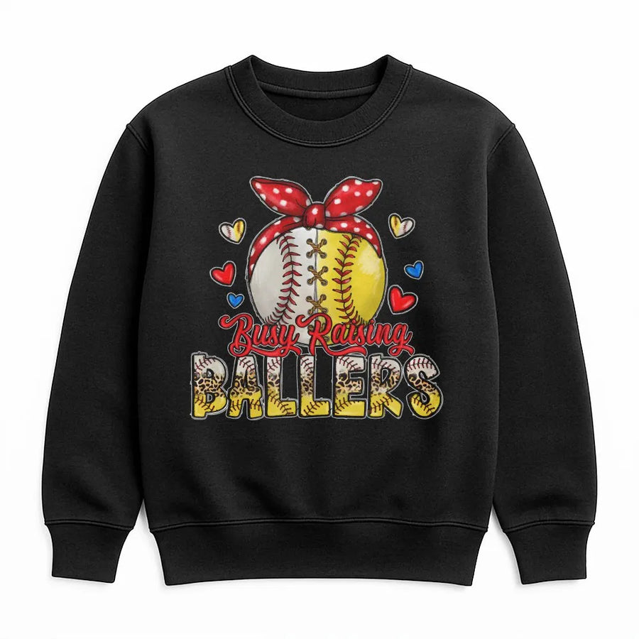 Busy Raising Ballers Sweatshirt | Baseball Softball Mom Graphic Design | Premium Cotton Blend | Game Day Gift for Baseball Mama
