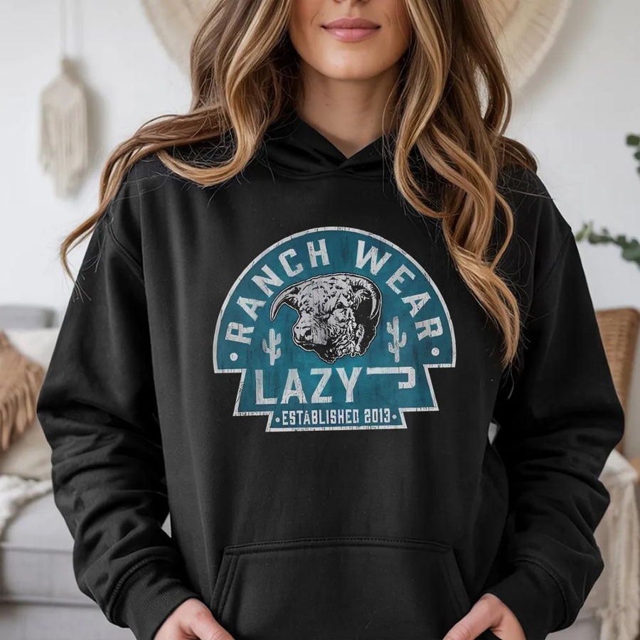 Lazy J Ranch Wear Hoodie | Vintage Hereford Bull & Cactus Graphic | 100% Cotton | Western Cowboy Farmer Gift