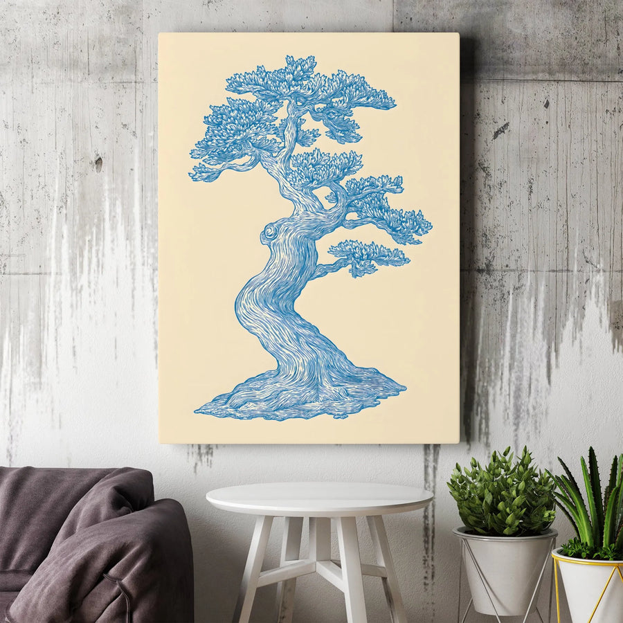Japanese Bonsai Tree Canvas Print | Blue Linocut Style Wall Art | Premium Gallery-Wrapped Gallery Quality | Minimalist Home Decor Gift