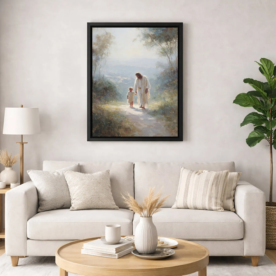 Jesus Walking With Child Canvas Art | Religious Wall Decor | Premium Fade-Resistant Print | Spiritual Gift for Home or Church