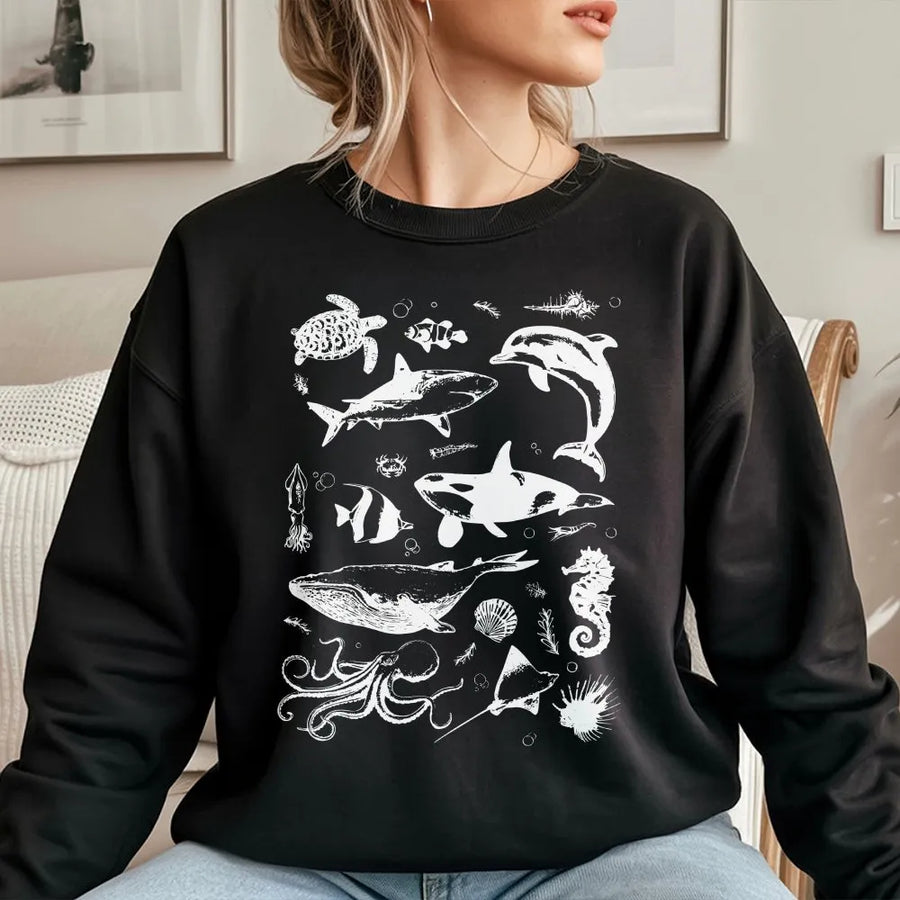 Ocean Animals Sweatshirt | Vintage Marine Life Tattoo Graphic | Premium Cotton Blend | Gift for Ocean Lover