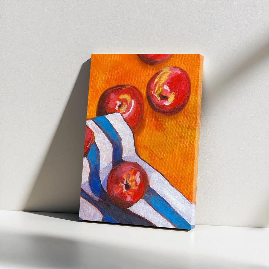 Apple Still Life Canvas Print | Vibrant Fruit Painting with Striped Cloth | Premium Gallery Wrapped Canvas | Kitchen & Dining Room Wall Decor Gift