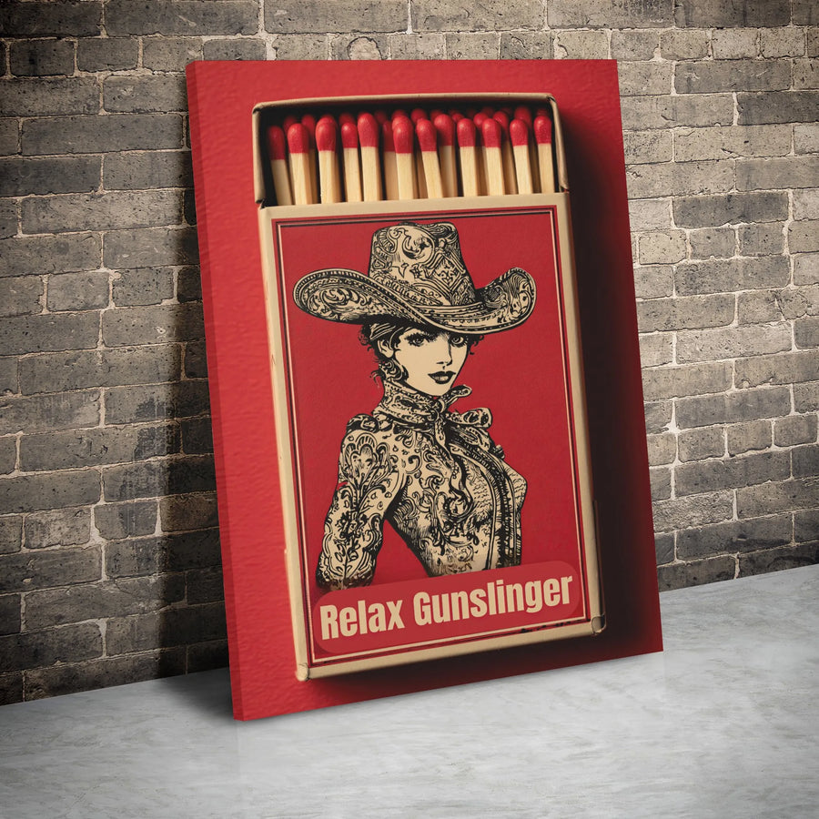Relax Gunslinger Wall Art | Vintage Cowgirl Matchbox Design | Premium Gallery Wrap Canvas | Western Decor for Home or Office