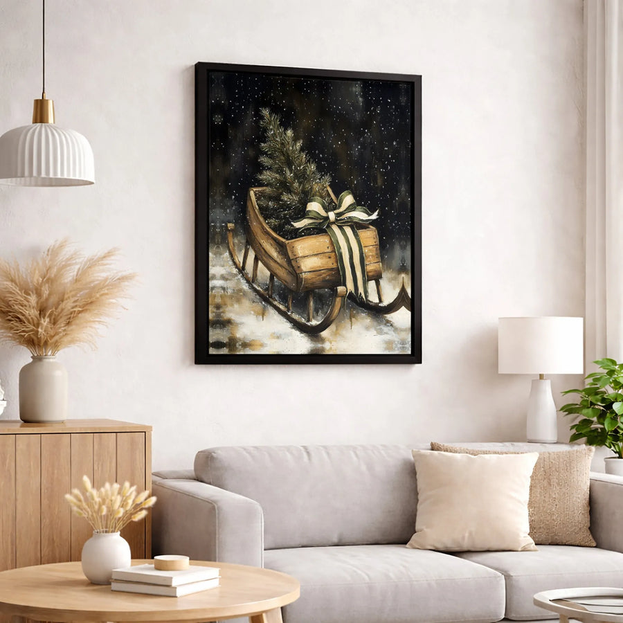 Rustic Christmas Sleigh Canvas Print | Vintage Wood Sled With Pine Tree Art | Premium Fade-Resistant Holiday Wall Decor | Festive Farmhouse Gift