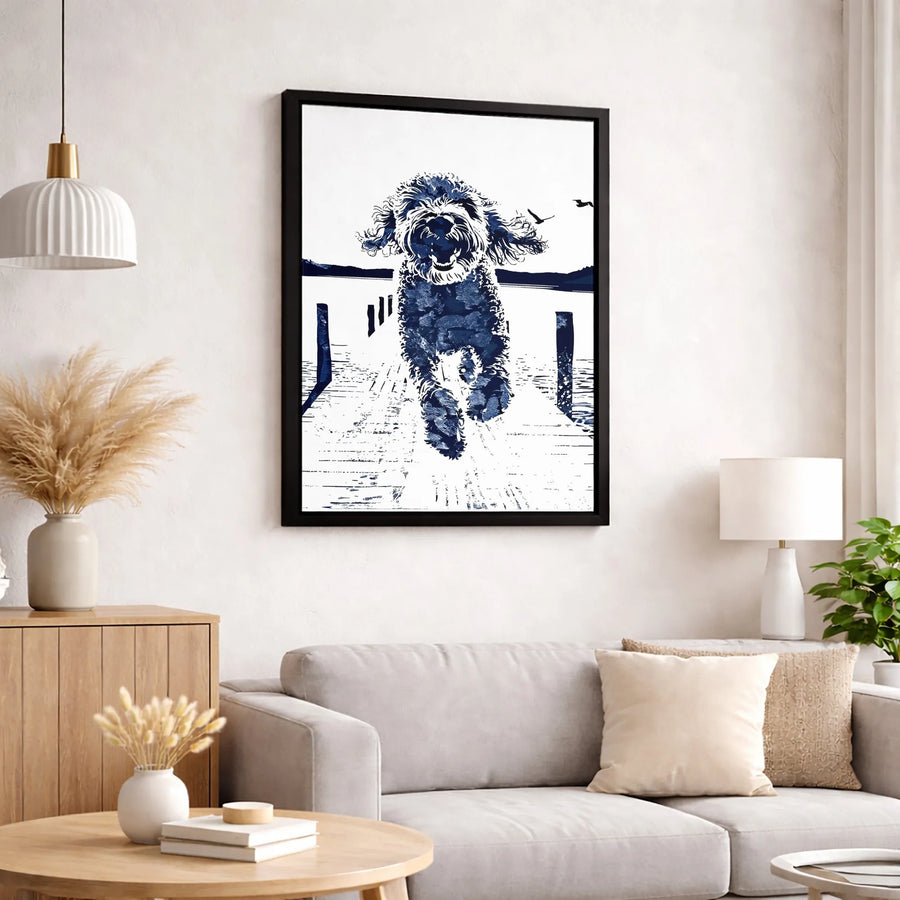 Dog Wall Art | Blue Watercolor Doodle Running on Dock | Premium Gallery Wrapped Canvas | Modern Home Decor Gift for Dog Lovers