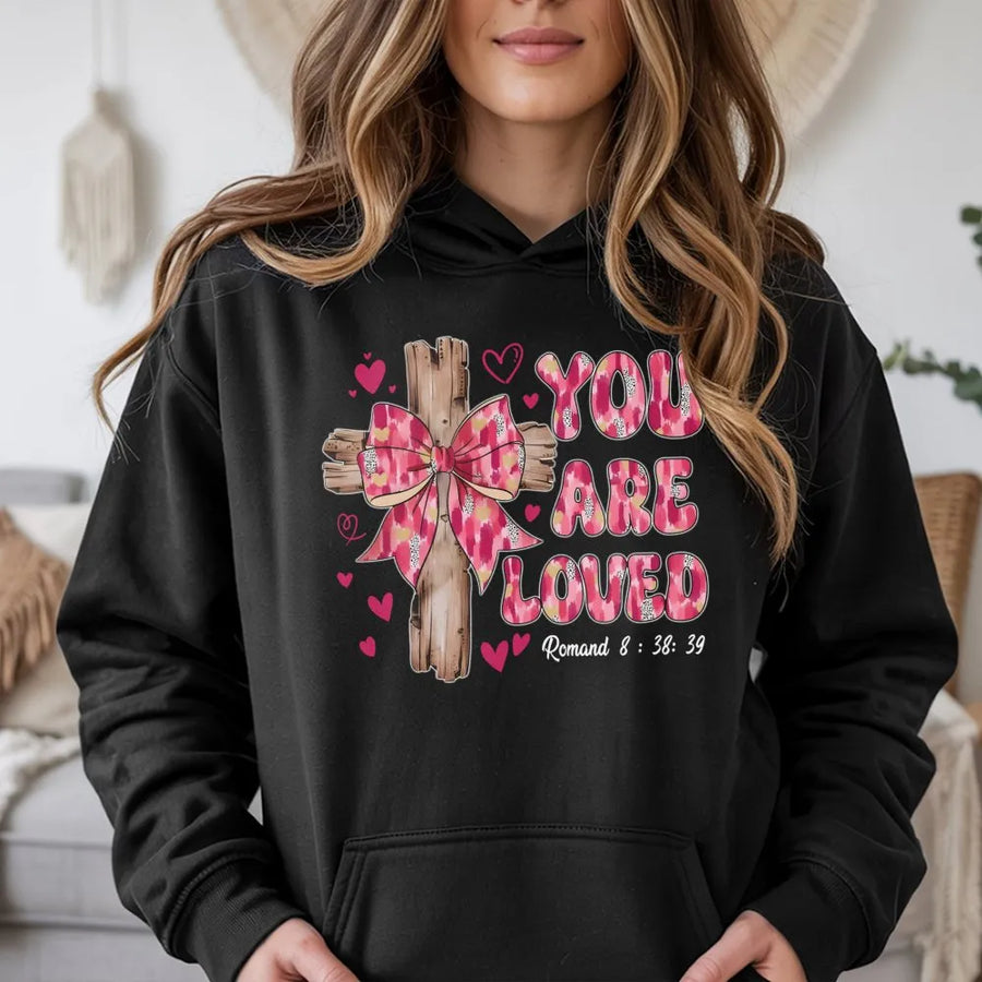 You Are Loved Christian Hoodie | Romantic Pink Coquette Cross Design | Premium Cotton-Poly Blend | Religious Valentine Gift For Women