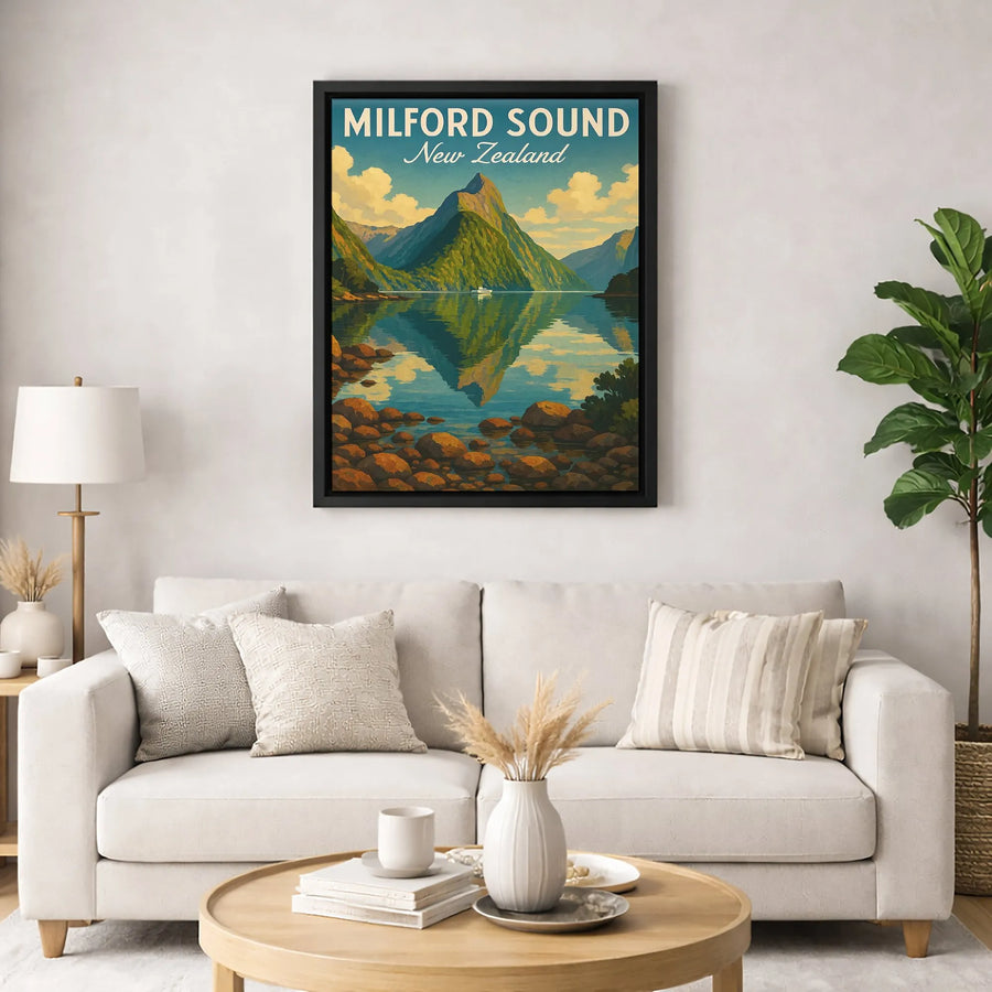 Milford Sound Travel Poster | New Zealand Landscape Wall Art | Premium Gallery Canvas | Gift for Travel Lovers & Nature Decor