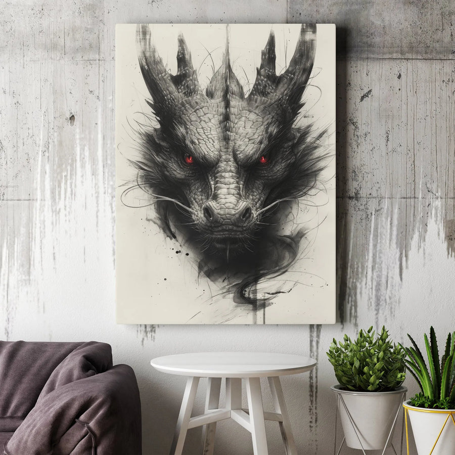 Dragon Wall Art | Gothic Sketch Portrait with Red Eyes | Premium Gallery-Wrapped Canvas | Dark Fantasy Home Decor Gift