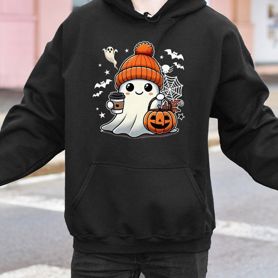 Cute Ghost Coffee Hoodie | Kawaii Spooky Season Pumpkin Design | Premium Cotton-Blend Pullover | Halloween Gift for Women and Men