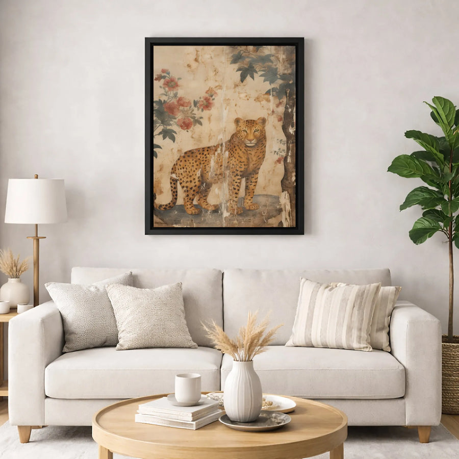 Leopard Floral Canvas Wall Art | Vintage Distressed Animal Painting | 1.25-Inch Gallery Wrap | Bohemian Home Decor Gift