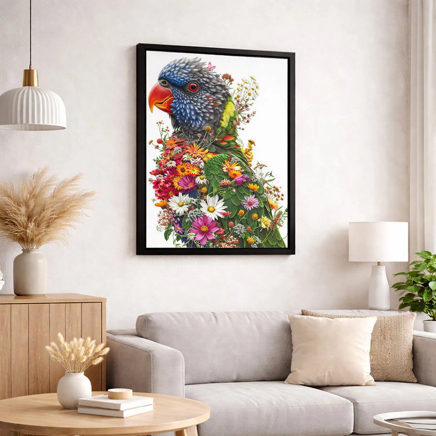 Rainbow Lorikeet Canvas Wall Art | Floral Parrot Bird Portrait | Premium Gallery-Wrapped Print | Colorful Botanical Decor for Bird Lovers
