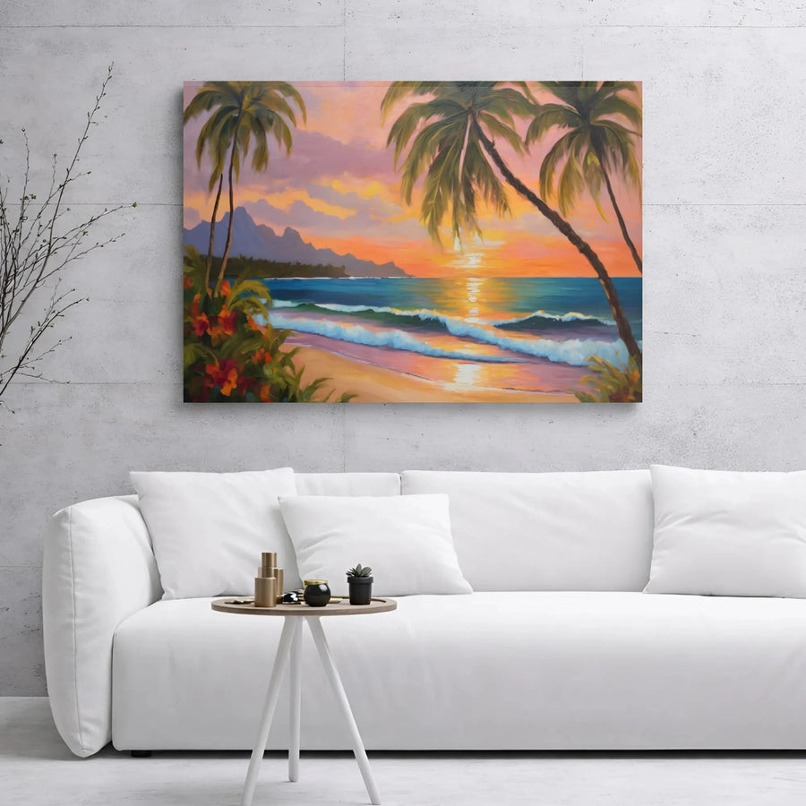 Tropical Beach Sunset Canvas Print | Coastal Palm Tree Oil Painting Art | Premium Gallery Wrap 1.25" Frame | Relaxing Beach House Wall Decor Gift