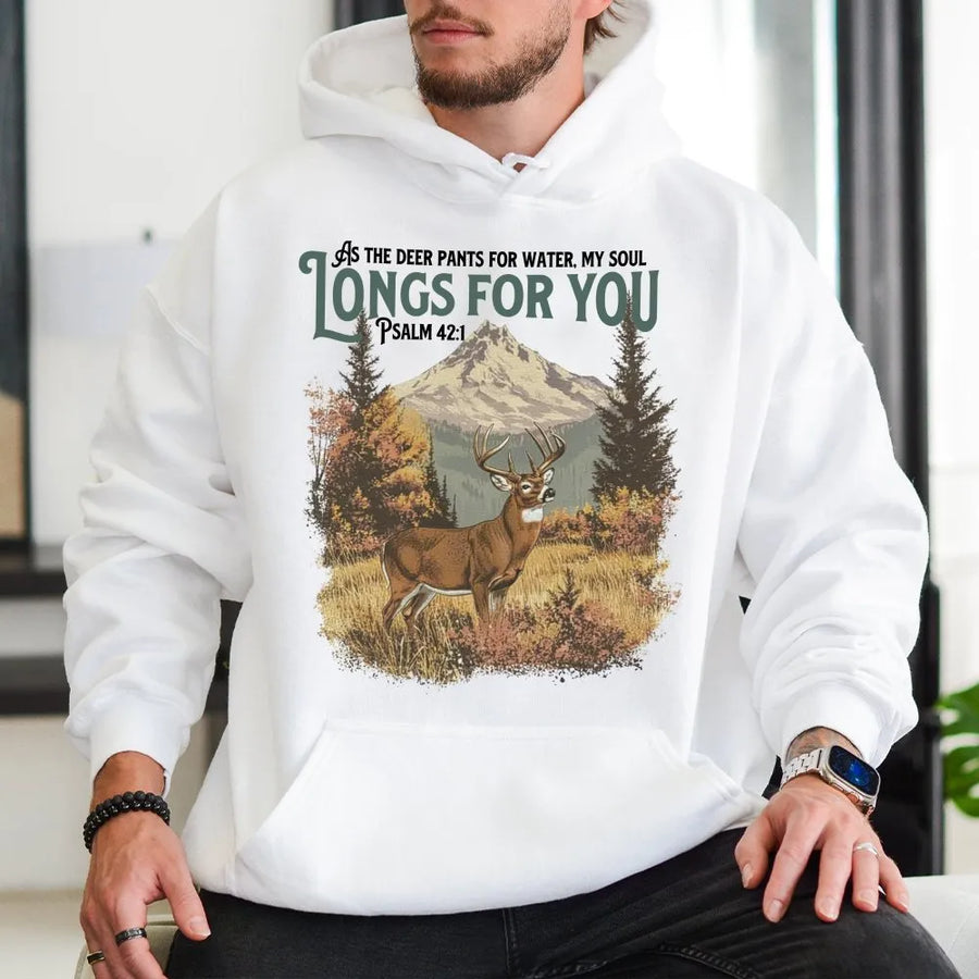 Psalm 42:1 Christian Hoodie | Deer Hunting Mountain Nature Graphic | Premium Cotton Blend | Faith-Based Religious Gift for Him & Her