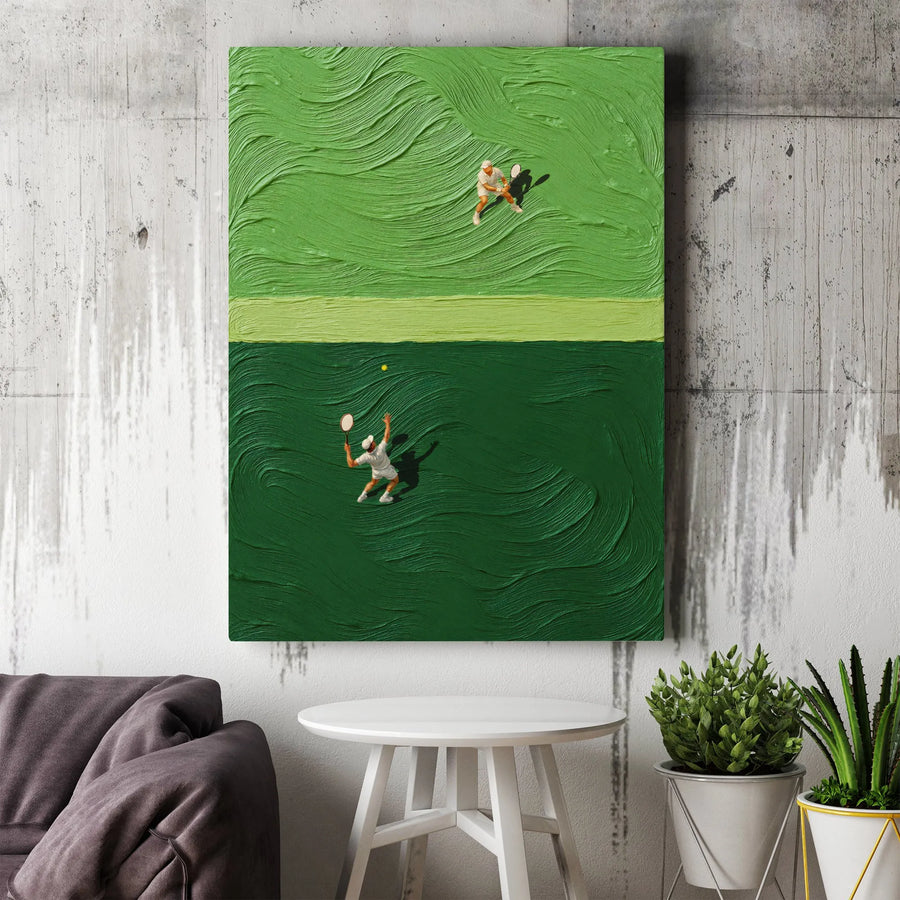 Tennis Wall Art Vertical Canvas | Textured Paint Style Print with Overhead Court View | Premium High-Resolution Art | Gift for Tennis Player & Sports Fan