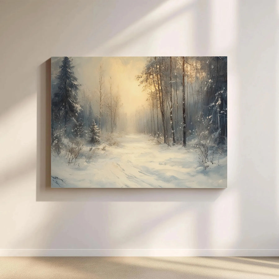 Winter Forest Canvas Wall Art | Snowy Woodland Landscape with Golden Sunlight | 1.25 Inch Gallery Wrap | Seasonal Home Decor Gift