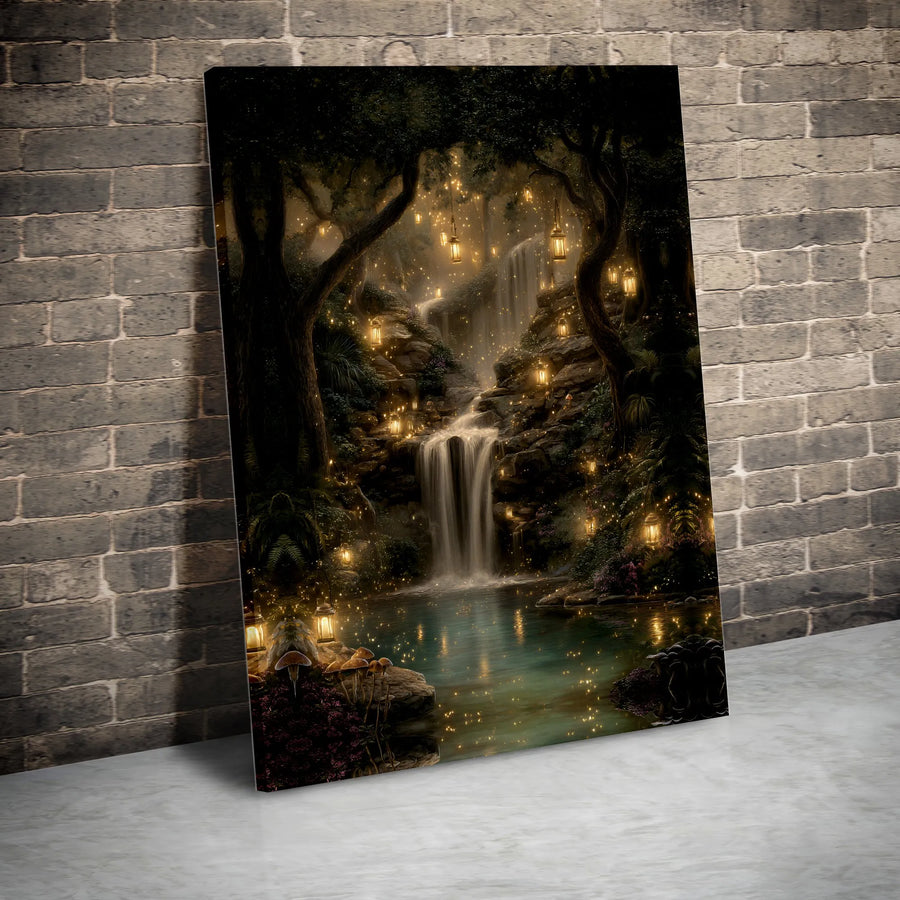 Enchanted Forest Waterfall Canvas | Magical Lantern and Firefly Wall Art | Premium Gallery-Wrapped Print | Whimsical Nature Home Decor Gift