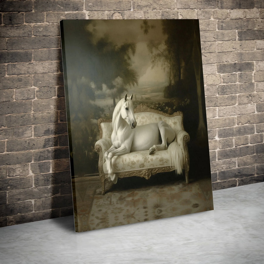 White Horse on Sofa Canvas Print | Surrealist Equine Lounging on Couch | Premium Gallery Wrapped Canvas | Unique Eclectic Home Decor Gift