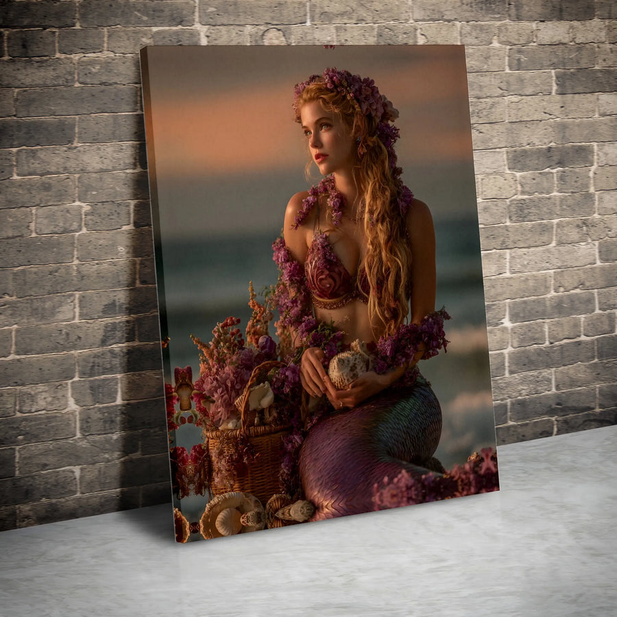 Mermaid Wall Art | Blonde Sea Goddess With Purple Flowers | Premium Fade-Resistant Canvas | Coastal Bedroom Decor Gift