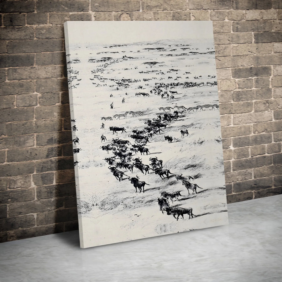 Great Migration Canvas Wall Art | African Savanna Wildebeest & Zebra Sketch | Premium Gallery Wrapped Canvas | Safari Home Decor Gift for Nature Lover