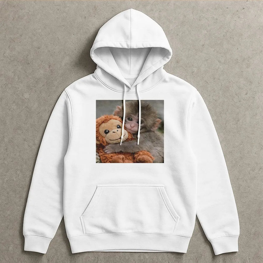 Baby Monkey Hoodie | Cute Monkey Hugging Plushie Graphic | Cozy Cotton-Blend Sweatshirt | Premium Gift for Animal Lovers