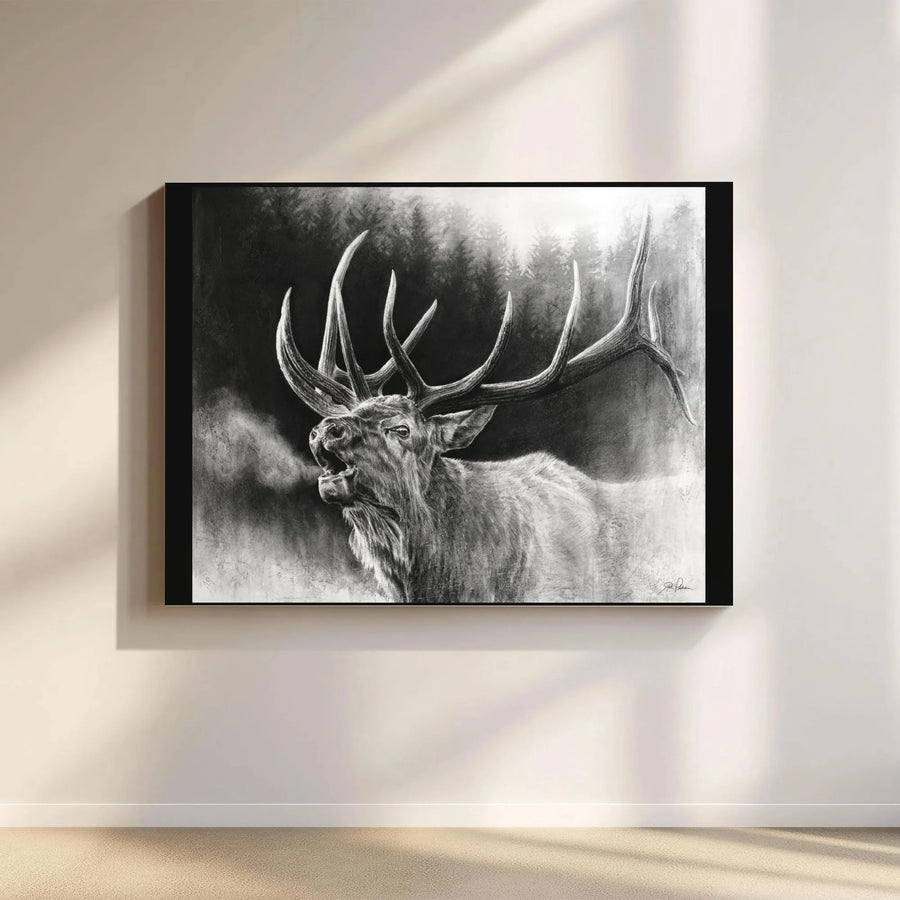 Bugling Bull Elk Canvas Art | Realistic Charcoal Forest Wildlife Print | Premium Gallery Wrap Wall Decor | Masculine Lodge & Cabin Gift