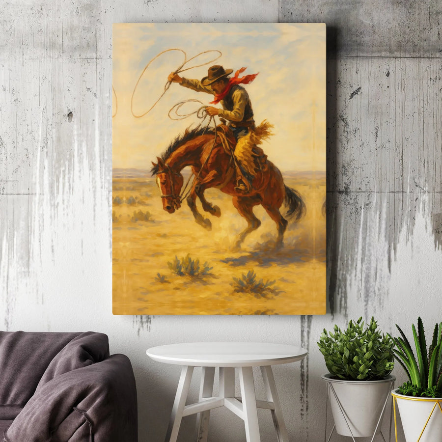 Western Cowboy Canvas Wall Art | Vintage Rodeo Scene with Lasso | Premium Gallery Wrap Canvas | Ranch House Decor Gift for Men