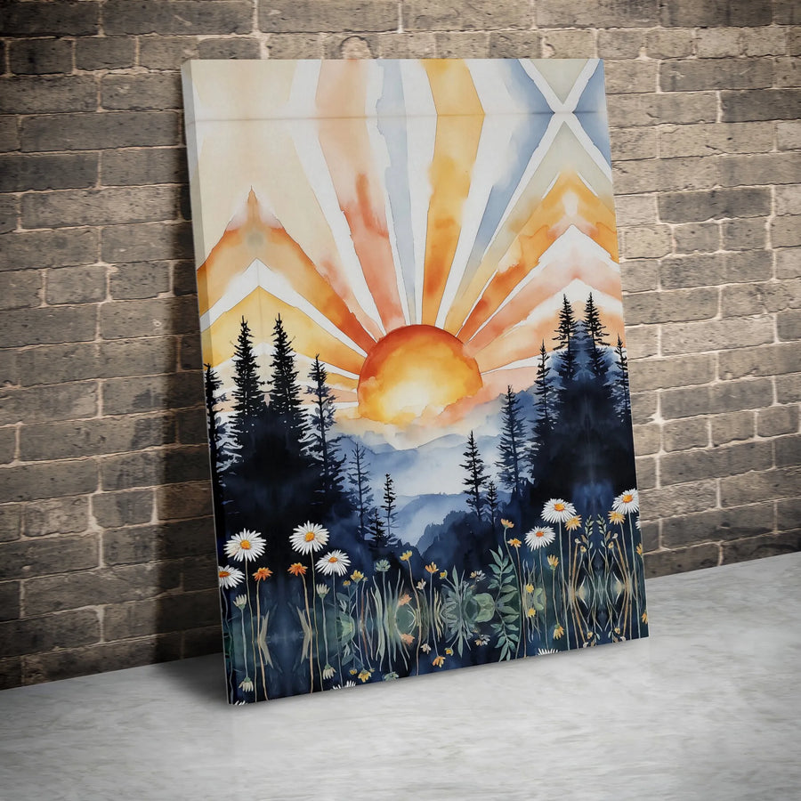 Watercolor Forest Sunrise Vertical Canvas | Boho Pine Trees & Daisy Meadow Art Print | 1.25 In Gallery Wrapped Premium Canvas | Nature Lover Gift, Living Room Wall Decor