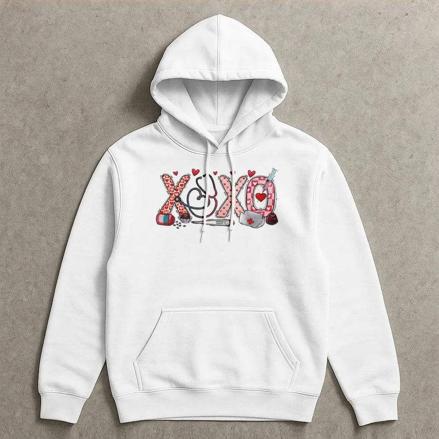 XOXO Nurse Hoodie | Valentine Medical Heart Stethoscope Design | Cotton-Poly Blend Soft Sweatshirt | Romantic Nurse Gift for Valentine’s Day