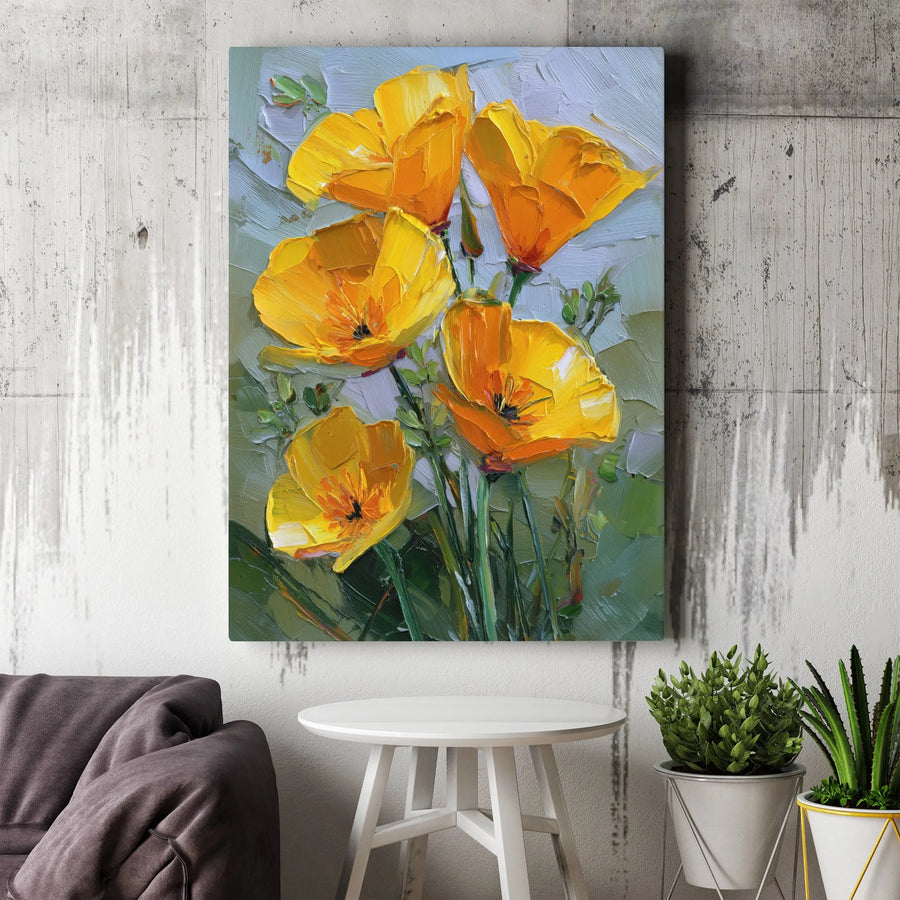 California Poppy Canvas Print | Impasto Floral Oil Painting | 1.25" Gallery Wrap Premium Art | Modern Home Decor Gift