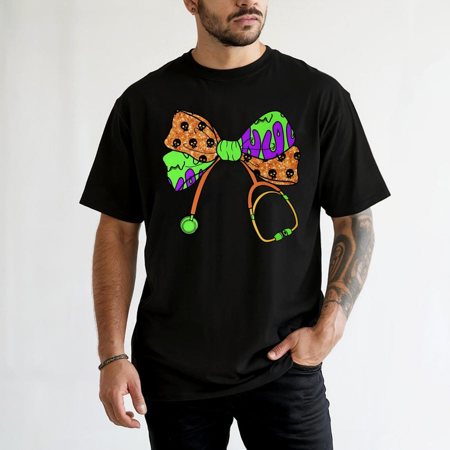 Spooky Nurse T-Shirt | Halloween Stethoscope Bow Graphic | 100% Cotton Premium Tee | Gift for RN, LPN, CNA, Nursing Students
