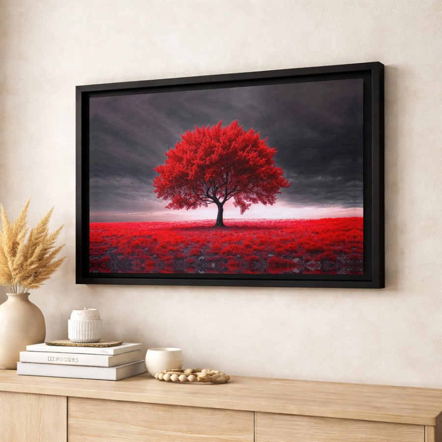 Lone Red Tree Canvas Wall Art | Surreal Crimson Landscape Print | Gallery Wrapped Fade-Resistant Decor | Modern Home Office Statement Piece