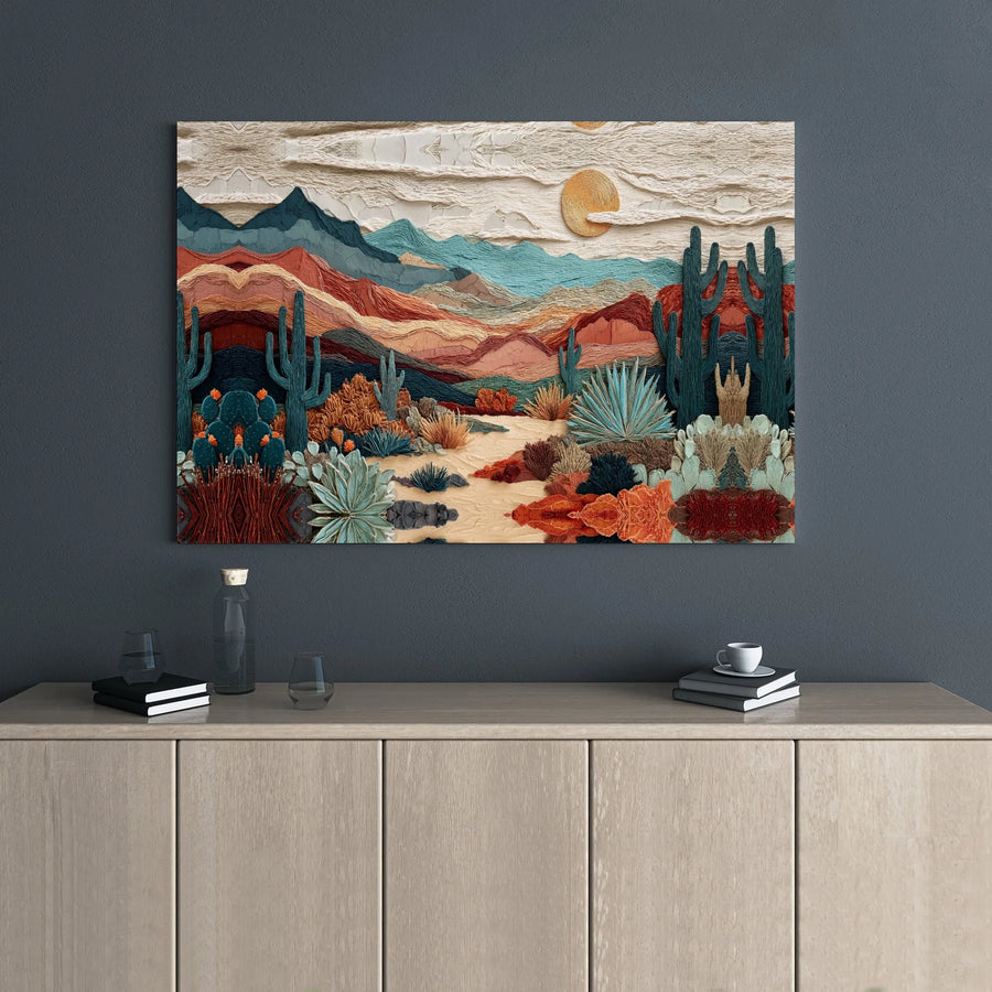 Southwestern Desert Canvas Wall Art | Textured Saguaro Cactus & Mountain Landscape | 1.25" Gallery Wrap Premium Print | Modern Home & Office Decor