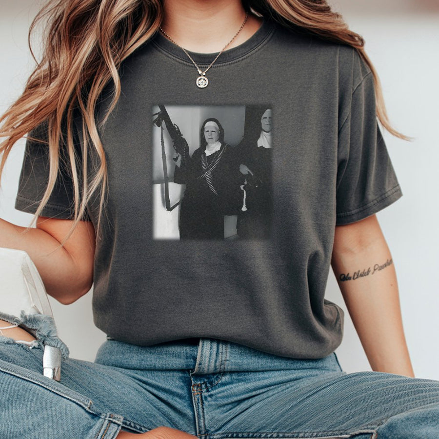 Nun With Machine Gun T-Shirt | Vintage Distressed Photo Graphic | Premium 100% Cotton | Edgy Streetwear Gift for Men and Women